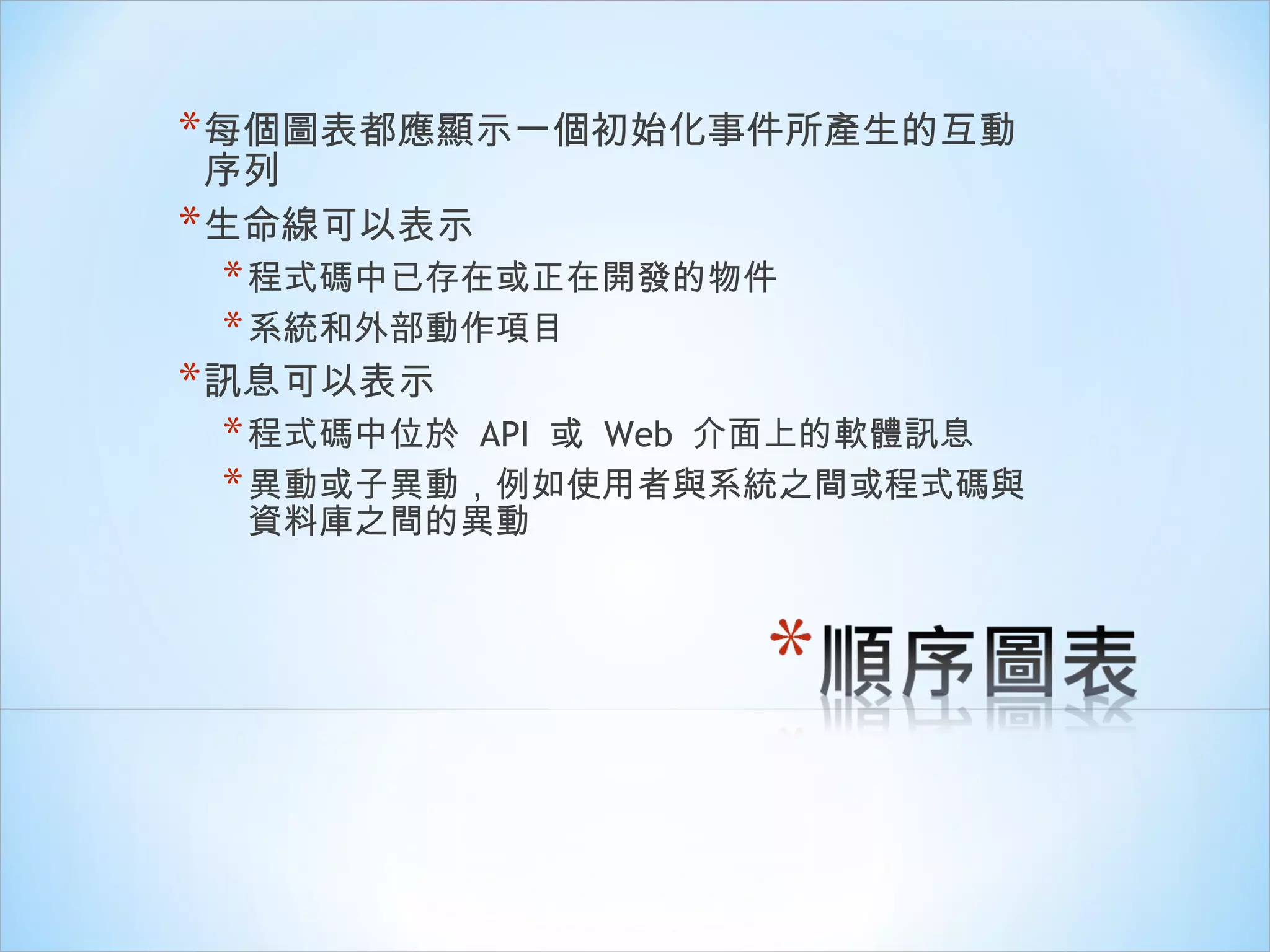 每個圖表都應顯示一個初始化事件所產生的互動序列 生命線可以表示 程式碼中已存在或正在開發的物件 系統和外部動作項目 訊息可以表示 程式碼中位於  API  或  Web  介面上的軟體訊息 異動或子異動，例如使用者與系統之間或程式碼與資料庫之間的異動 
