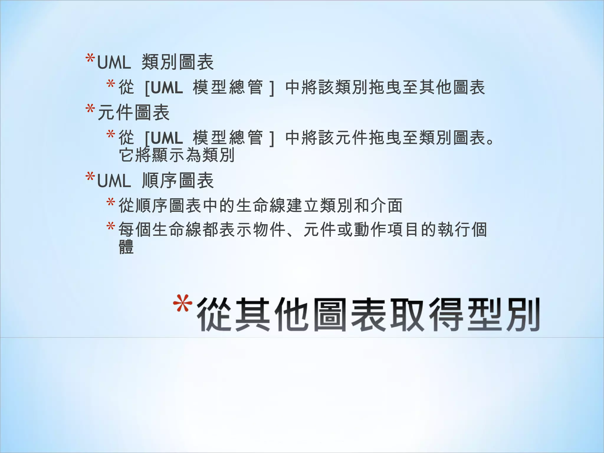 UML  類別圖表 從  [ UML  模型總管 ]  中將該類別拖曳至其他圖表 元件圖表 從  [ UML  模型總管 ]  中將該元件拖曳至類別圖表。它將顯示為類別 UML  順序圖表 從順序圖表中的生命線建立類別和介面 每個生命線都表示物件、元件或動作項目的執行個體 