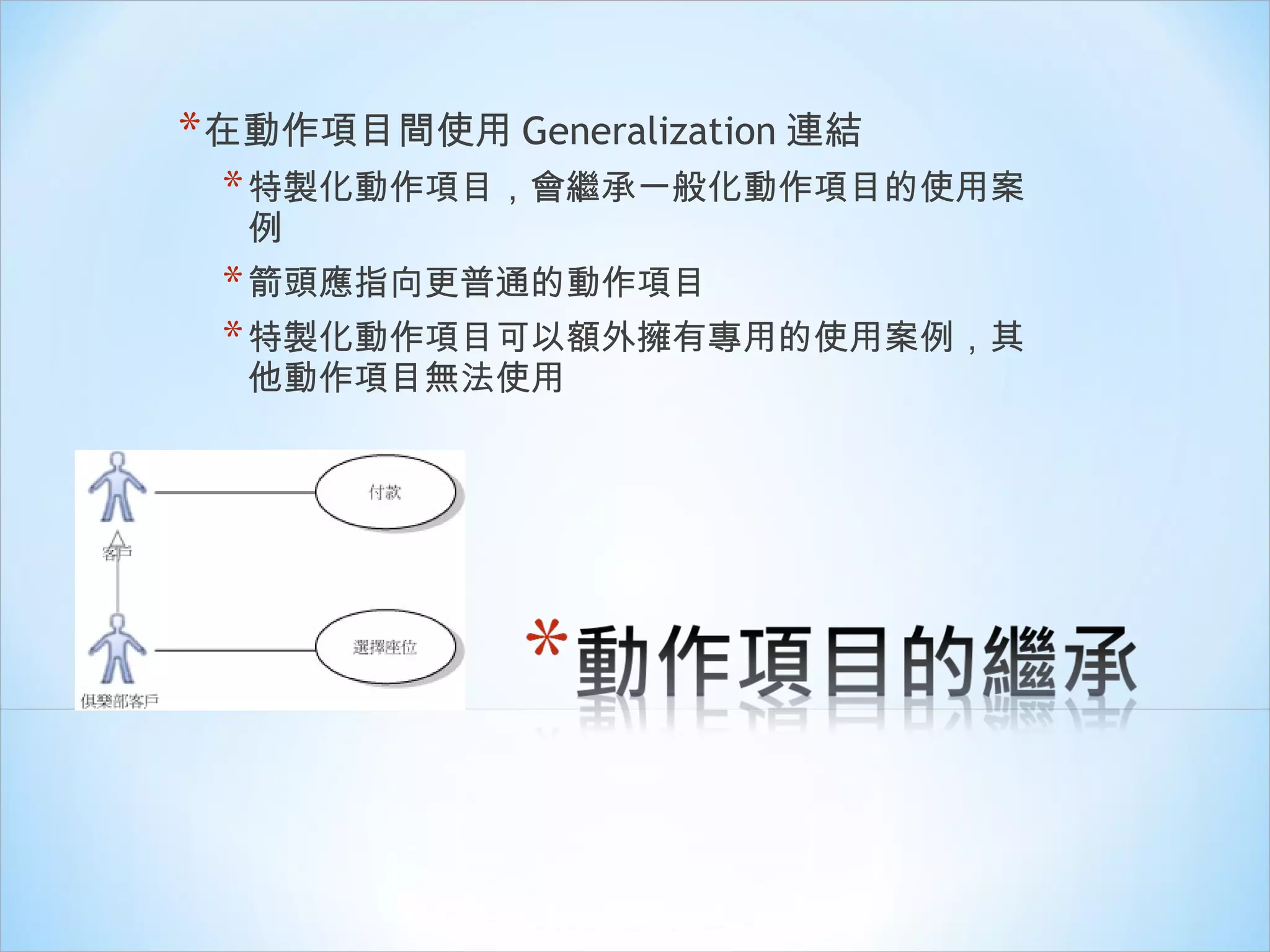 在動作項目間使用 Generalization 連結 特製化動作項目，會繼承一般化動作項目的使用案例 箭頭應指向更普通的動作項目 特製化動作項目可以額外擁有專用的使用案例，其他動作項目無法使用 