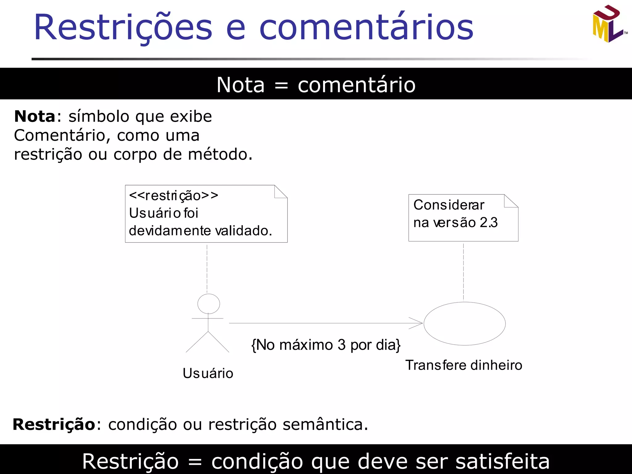 Restrições e comentários Restrição = condição que deve ser satisfeita Nota = comentário 