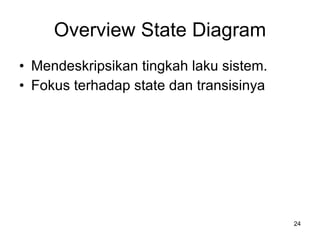 Overview State Diagram Mendeskripsikan tingkah laku sistem. Fokus terhadap state dan transisinya 