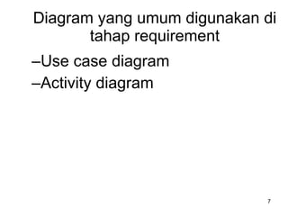 Diagram yang umum digunakan di tahap requirement Use case diagram Activity diagram 