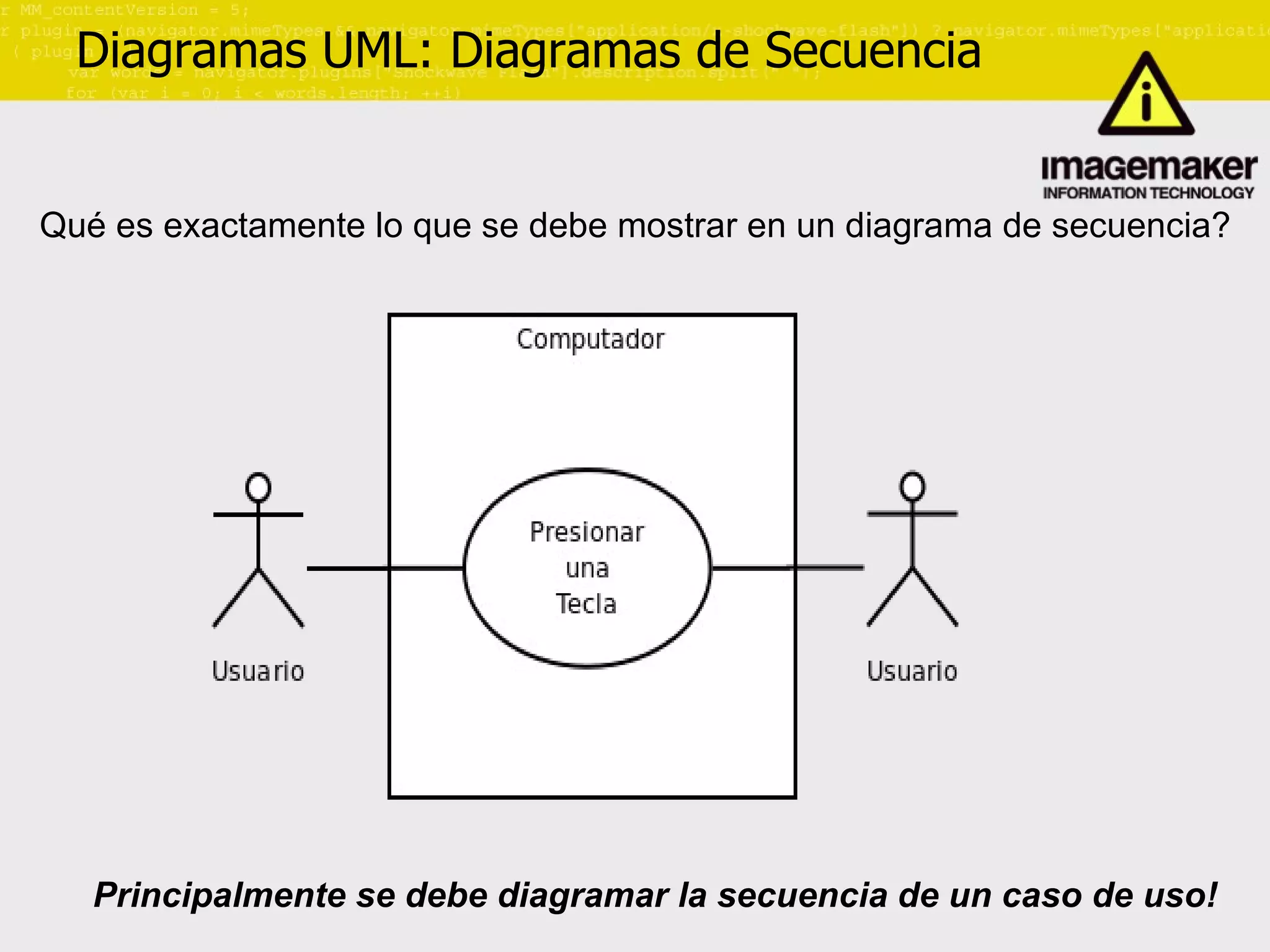 Diagramas UML: Diagramas de Secuencia Qué es exactamente lo que se debe mostrar en un diagrama de secuencia? Principalmente se debe diagramar la secuencia de un caso de uso! 