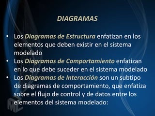 DIAGRAMAS

• Los Diagramas de Estructura enfatizan en los
  elementos que deben existir en el sistema
  modelado
• Los Diagramas de Comportamiento enfatizan
  en lo que debe suceder en el sistema modelado
• Los Diagramas de Interacción son un subtipo
  de diagramas de comportamiento, que enfatiza
  sobre el flujo de control y de datos entre los
  elementos del sistema modelado:
 
