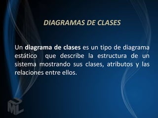 DIAGRAMAS DE CLASES


Un diagrama de clases es un tipo de diagrama
estático que describe la estructura de un
sistema mostrando sus clases, atributos y las
relaciones entre ellos.
 