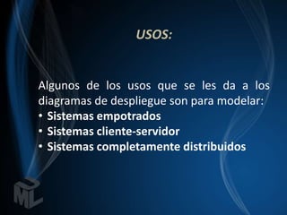 USOS:


Algunos de los usos que se les da a los
diagramas de despliegue son para modelar:
• Sistemas empotrados
• Sistemas cliente-servidor
• Sistemas completamente distribuidos
 
