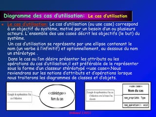 Diagramme des cas d’utilisation: Le cas d’utilisation
    Le cas d’utilisation: Le cas d‟utilisation (ou use case) correspond
     à un objectif du système, motivé par un besoin d‟un ou plusieurs
     acteurs. L'ensemble des use cases décrit les objectifs (le but) du
     système.
     Un cas d‟utilisation se représente par une ellipse contenant le
     nom (un verbe à l‟infinitif) et optionnellement, au dessous du nom
     un stéréotype .
     Dans le cas ou l‟on désire présenter les attributs ou les
     opérations du cas d‟utilisation,il est préférable de le représenter
     sous la forme d‟un classeur stéréotypé <<use case>>.Nous
     reviendrons sur les notions d‟attributs et d‟opérations lorsque
     nous traiterons les diagrammes de classes et d‟objets.
 