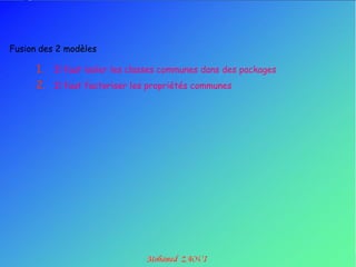 Fusion des 2 modèles

      1. Il faut isoler les classes communes dans des packages
      2. Il faut factoriser les propriétés communes
 