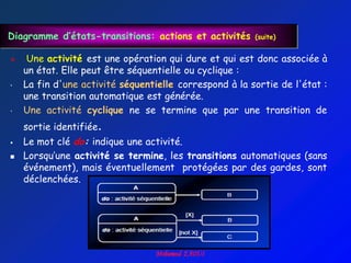 Diagramme d’états-transitions: actions et activités     (suite)


    Une activité est une opération qui dure et qui est donc associée à
    un état. Elle peut être séquentielle ou cyclique :
•   La fin d'une activité séquentielle correspond à la sortie de l'état :
    une transition automatique est générée.
•   Une activité cyclique ne se termine que par une transition de
    sortie identifiée.
   Le mot clé do: indique une activité.
   Lorsqu‟une activité se termine, les transitions automatiques (sans
    événement), mais éventuellement protégées par des gardes, sont
    déclenchées.
 