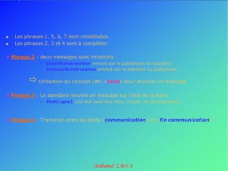    Les phrases 1, 5, 6, 7 dont modélisées.
   Les phrases 2, 3 et 4 sont à compléter.

 Phrase 2 : deux messages sont introduits :
               timerNumérotation envoyé par le publiphone au standard.
               timeoutNumérotation envoyé par le standard au publiphone.


          Utilisation du concept UML «send» pour envoyer un message
 Phrase 3 : Le standard renvoie un message sur l’état de la ligne.
               État(Ligne) (où état peut être libre, occupé, en dérangement).



 Phrase 4 : Transition entre les états «communication» et «fin communication».
 