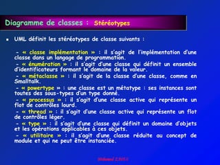 Diagramme de classes : Stéréotypes

   UML définit les stéréotypes de classe suivants :

    - « classe implémentation » : il s’agit de l’implémentation d’une
    classe dans un langage de programmation.
    - « énumération » : il s’agit d’une classe qui définit un ensemble
    d’identificateurs formant le domaine de la valeur.
    - « métaclasse » : il s’agit de la classe d’une classe, comme en
    Smalltalk.
    - « powertype » : une classe est un métatype : ses instances sont
    toutes des sous-types d’un type donné.
    - « processus » : il s’agit d’une classe active qui représente un
    flot de contrôles lourd.
    - « thread » : il s’agit d’une classe active qui représente un flot
    de contrôles léger.
    - « type » : il s’agit d’une classe qui définit un domaine d’objets
    et les opérations applicables à ces objets.
    - « utilitaire » : il s’agit d’une classe réduite au concept de
    module et qui ne peut être instanciée.
 