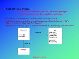  Modélisation des phrases :
               4° Une réservation concerne un seul vol, et un seul passager.
                   5° Une réservation peut être annulée ou confirmée.

 La réservation et le passager sont 2 concepts métier : 2 classes d‟objets
 Un réservation concerne un seul vol et un seul passager: donc 2 associations entre „‟Vol’’ et
  ‟‟Réservation’’ et entre ’’Réservation’’ et „‟Passager’’.
 La 5° phrase se traduit par l‟ajout de 2 opérations annuler( ) et confirmer( ) dans ‘’Reservation’’.

                       Réservation                                       Vol
                                             concerne             dateDepart
                                                                  heureDepart
                     Annuler( )                               1   dateArrivee
                     Confirmer( )                                 heureArrivee

                                                                  ouvrirVol( )
                                                                  fermerVol( )
                              concerne

                              1

                        Passager
 