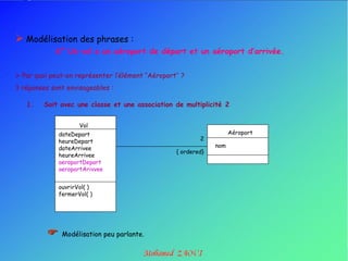  Modélisation des phrases :
             6° Un vol a un aéroport de départ et un aéroport d’arrivée.


 Par quoi peut-on représenter l‟élément „‟Aéroport‟‟ ?
3 réponses sont envisageables :

   1.    Soit avec une classe et une association de multiplicité 2


                     Vol
              dateDepart                                               Aéroport
              heureDepart                                   2
              dateArrivee                                        nom
                                                    { ordered}
              heureArrivee
              aeroportDepart
              aeroportArivvee


              ouvrirVol( )
              fermerVol( )




              Modélisation peu parlante.
 