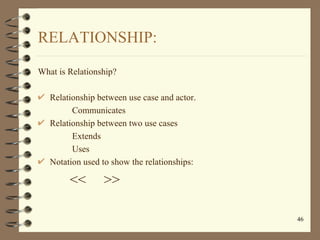 RELATIONSHIP:

What is Relationship?

   Relationship between use case and actor.
         Communicates
   Relationship be...