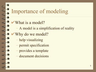 Importance of modeling
 What is a model?
 – A model is a simplification of reality
 Why do we model?
 –   help visualizing...