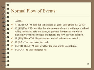 Normal Flow of Events:

 Contd...
 9.(SR)The ATM asks for the amount of cash; user enters Rs. 2500/-
 10.(SR)The ATM verif...