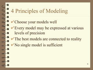 4 Principles of Modeling
 Choose your models well
 Every model may be expressed at various
 levels of precision
 The best ...