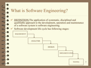 What is Software Engineering?
 DEFINITION:The application of systematic, disciplined and
 qualifiable approach to the deve...