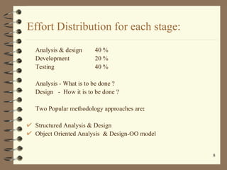 Effort Distribution for each stage:
 Analysis & design     40 %
 Development           20 %
 Testing               40 %

 ...