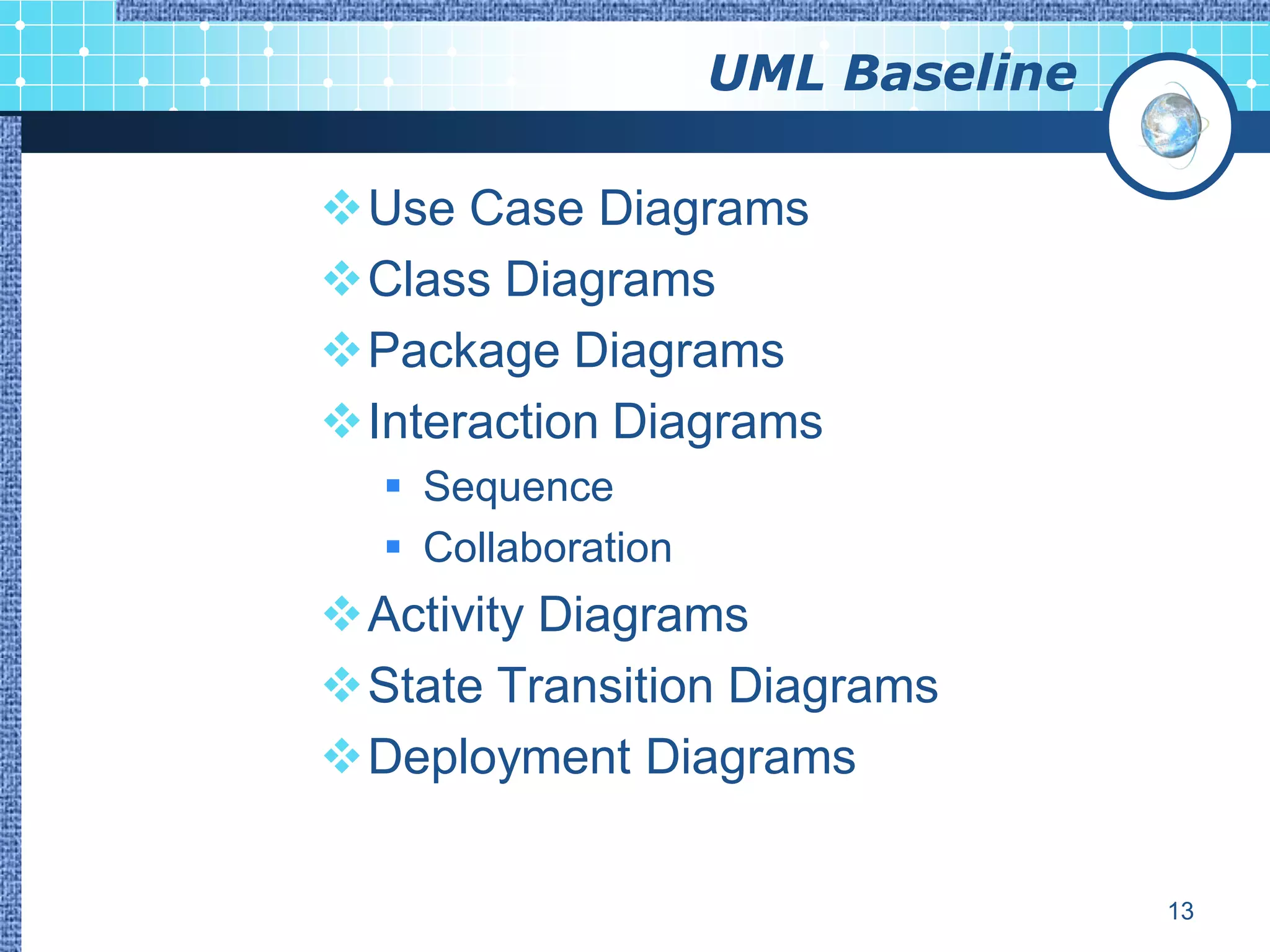 UML Baseline

Use Case Diagrams
Class Diagrams
Package Diagrams
Interaction Diagrams
   Sequence
   Collaboration
Activity Diagrams
State Transition Diagrams
Deployment Diagrams

                                   13
 