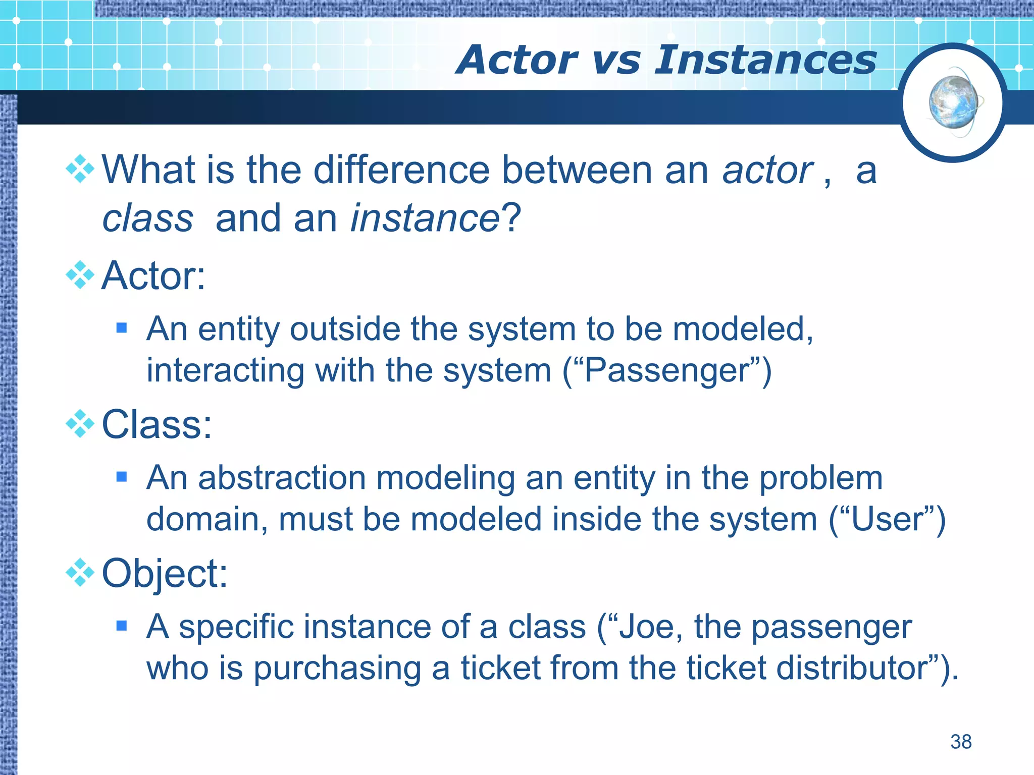 Actor vs Instances

What is the difference between an actor , a
 class and an instance?
Actor:
   An entity outside the system to be modeled,
    interacting with the system (“Passenger”)
Class:
   An abstraction modeling an entity in the problem
    domain, must be modeled inside the system (“User”)
Object:
   A specific instance of a class (“Joe, the passenger
    who is purchasing a ticket from the ticket distributor”).

                                                            38
 