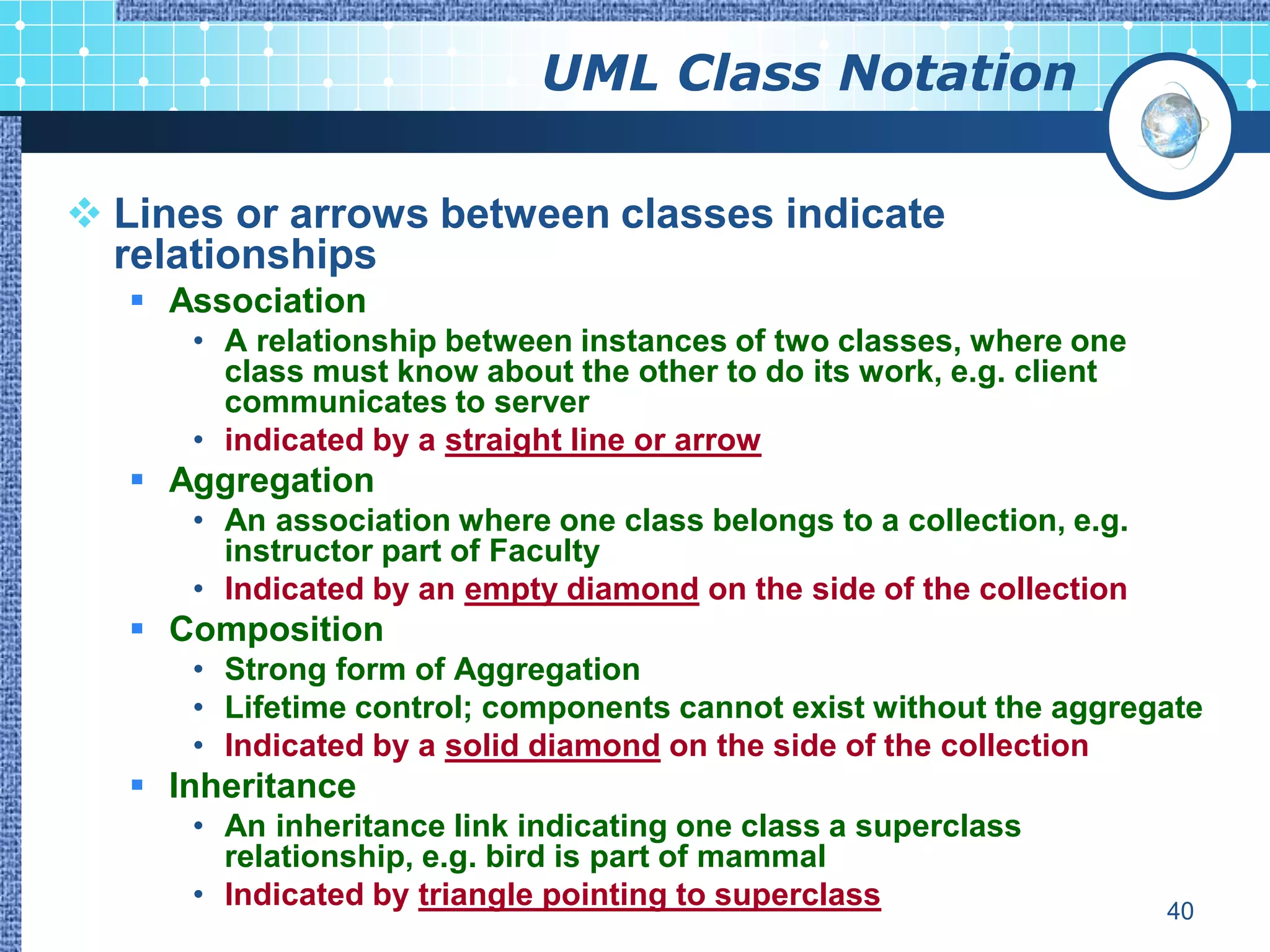 UML Class Notation

 Lines or arrows between classes indicate
  relationships
    Association
      • A relationship between instances of two classes, where one
        class must know about the other to do its work, e.g. client
        communicates to server
      • indicated by a straight line or arrow
    Aggregation
      • An association where one class belongs to a collection, e.g.
        instructor part of Faculty
      • Indicated by an empty diamond on the side of the collection
    Composition
      • Strong form of Aggregation
      • Lifetime control; components cannot exist without the aggregate
      • Indicated by a solid diamond on the side of the collection
    Inheritance
      • An inheritance link indicating one class a superclass
        relationship, e.g. bird is part of mammal
      • Indicated by triangle pointing to superclass                   40
 