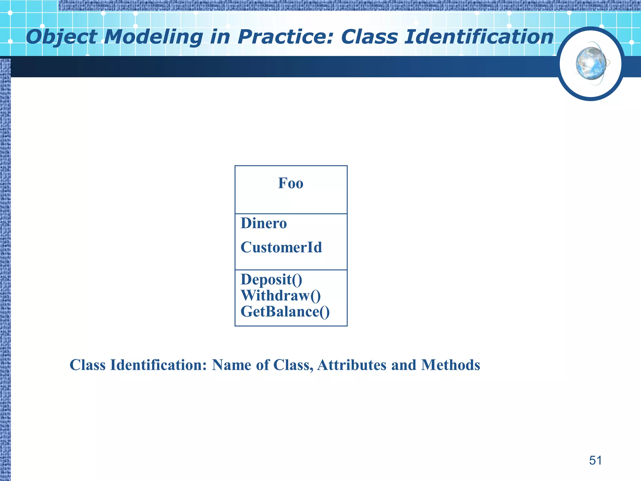 Object Modeling in Practice: Class Identification




                                 Foo

                            Dinero
                            CustomerId
                            Deposit()
                            Withdraw()
                            GetBalance()


    Class Identification: Name of Class, Attributes and Methods




                                                                  51
 