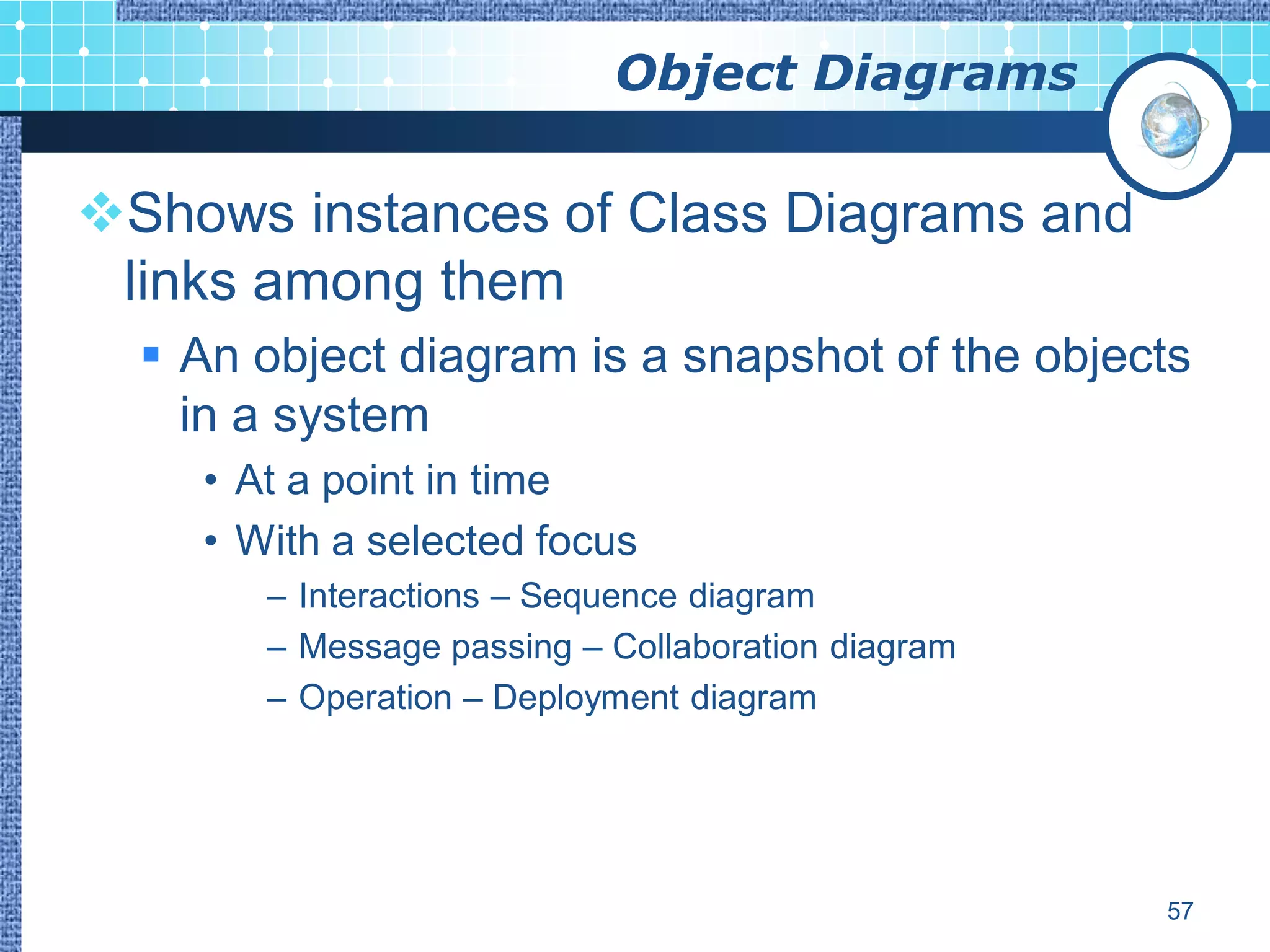 Object Diagrams

Shows instances of Class Diagrams and
 links among them
   An object diagram is a snapshot of the objects
    in a system
    • At a point in time
    • With a selected focus
       – Interactions – Sequence diagram
       – Message passing – Collaboration diagram
       – Operation – Deployment diagram




                                                   57
 