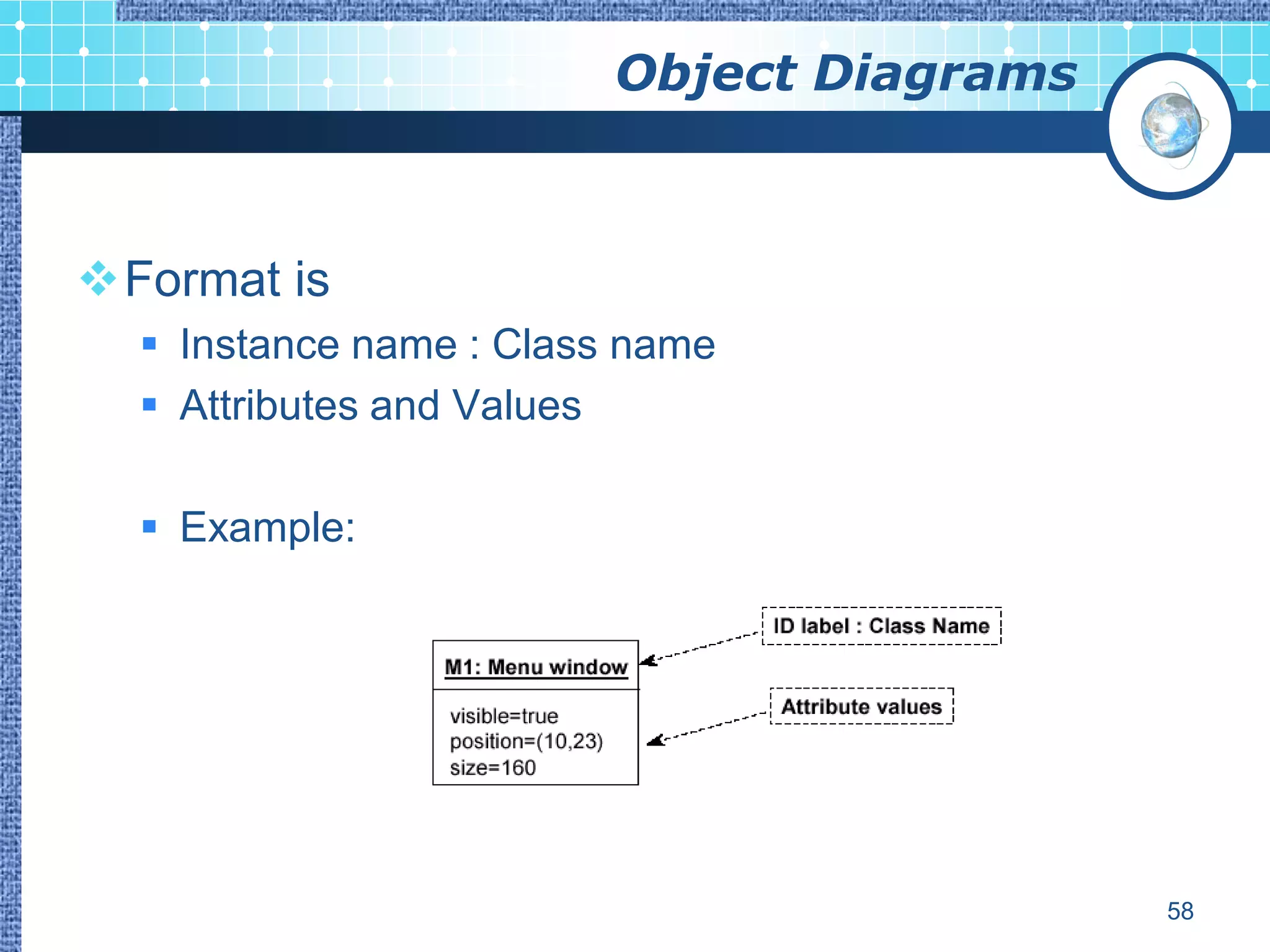 Object Diagrams



Format is
   Instance name : Class name
   Attributes and Values

   Example:




                                           58
 