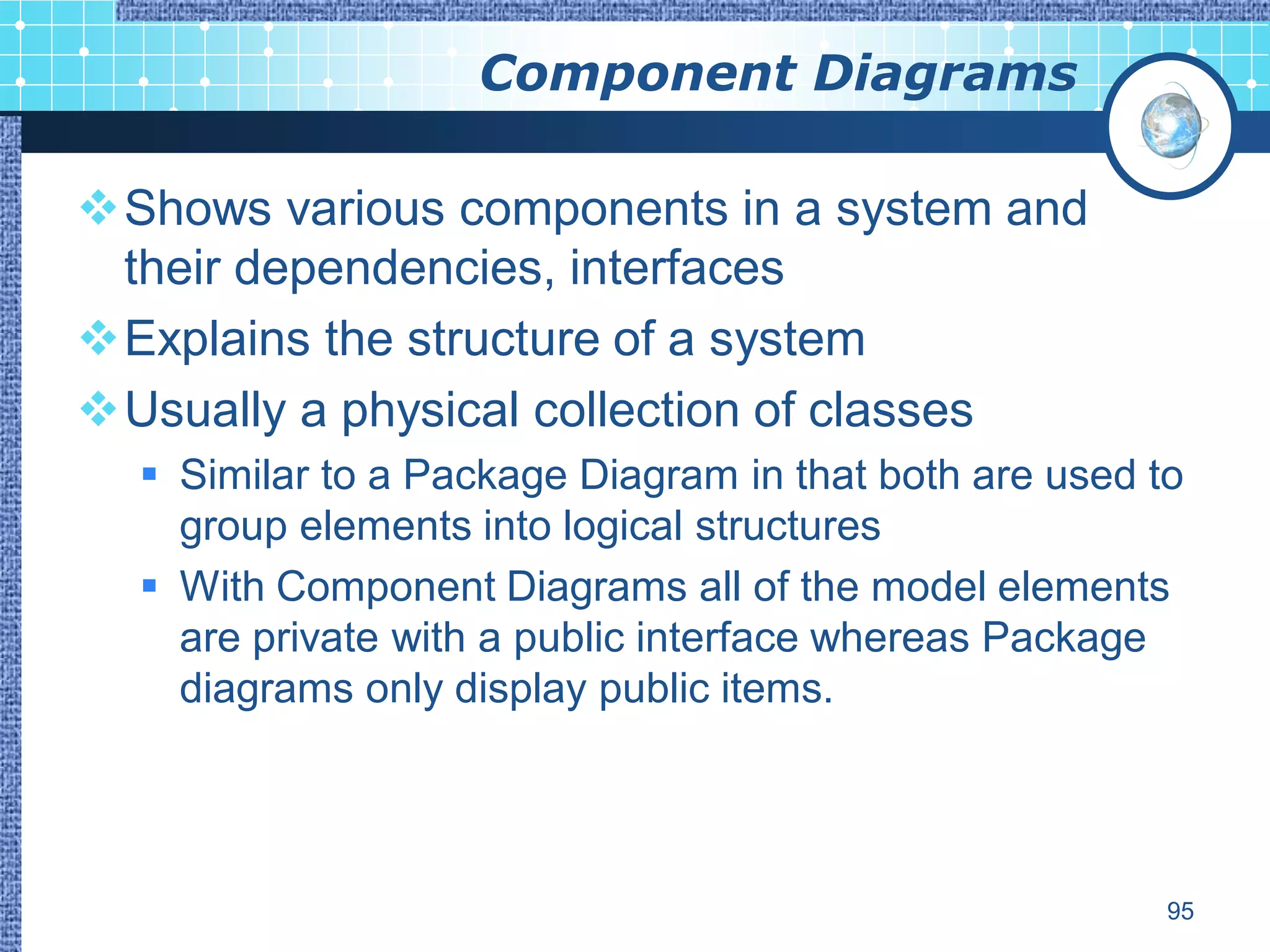 Component Diagrams

Shows various components in a system and
 their dependencies, interfaces
Explains the structure of a system
Usually a physical collection of classes
   Similar to a Package Diagram in that both are used to
    group elements into logical structures
   With Component Diagrams all of the model elements
    are private with a public interface whereas Package
    diagrams only display public items.




                                                        95
 