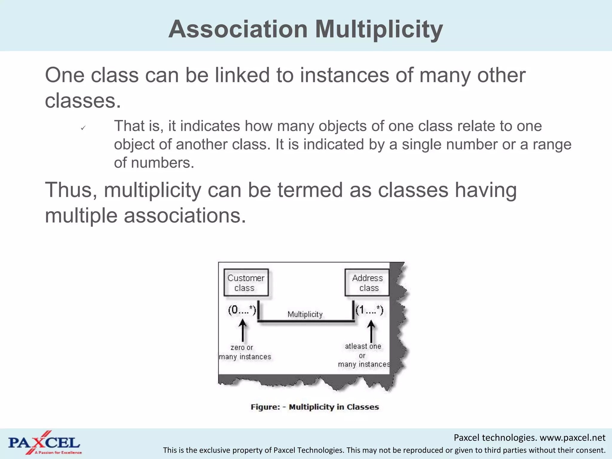 Association Multiplicity
   One class can be linked to instances of many other
    classes.
          That is, it indicates how many objects of one class relate to one
           object of another class. It is indicated by a single number or a range
           of numbers.
   Thus, multiplicity can be termed as classes having
    multiple associations.




                                                                                                       Paxcel technologies. www.paxcel.net
                  This is the exclusive property of Paxcel Technologies. This may not be reproduced or given to third parties without their consent.
 