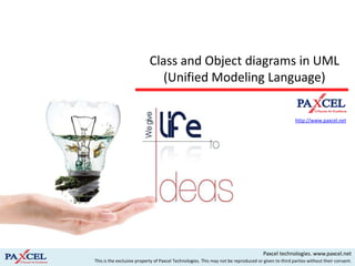 Class and Object diagrams in UML
                              (Unified Modeling Language)

                                                                                                     http://www.paxcel.net




                                                                                                          By:-
                                                                                          Tanjot Singh Sandhu


                                                                                     Paxcel technologies. www.paxcel.net
This is the exclusive property of Paxcel Technologies. This may not be reproduced or given to third parties without their consent.
 