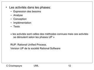 • Les activités dans les phases:
   –   Expression des besoins
   –   Analyse
   –   Conception
   –   Implémentation
   –   Tests

   « les activités sont celles des méthodes connues mais ces activités
      se déroulent selon les phases UP »

   RUP: Rational Unified Process.
   Version UP de la société Rational Software




C Crochepeyre          UML                          12
 