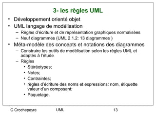 3- les règles UML
• Développement orienté objet
• UML langage de modélisation
   – Règles d’écriture et de représentation graphiques normalisées
   – Neuf diagrammes (UML 2.1.2: 13 diagrammes )
• Méta-modèle des concepts et notations des diagrammes
   – Construire les outils de modélisation selon les règles UML et
     adaptés à l’étude
   – Règles
      • Stéréotypes;
      • Notes;
      • Contraintes;
      • règles d’écriture des noms et expressions: nom, étiquette
        valeur d’un composant;
      • Paquetage.


C Crochepeyre          UML                           13
 