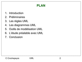 PLAN

1.   Introduction
2.   Préliminaires
3.   Les règles UML
4.   Les diagrammes UML
5.   Outils de modélisation UML
6.   L’étude préalable avec UML
7.   Conclusion




C Crochepeyre       UML           2
 