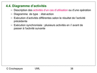 4.4. Diagramme d’activités
   – Description des activités d’un cas d’utilisation ou d’une opération
   – Diagramme de type : état-action
   – Exécution d’activités différentes selon le résultat de l’activité
     précédente
   – Exécution synchronisée : plusieurs activités en // avant de
     passer à l’activité suivante




C Crochepeyre          UML                            38
 
