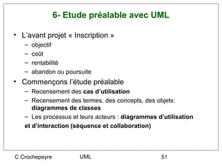 6- Etude préalable avec UML

• L’avant projet « Inscription »
   –   objectif
   –   coût
   –   rentabilité
   –   abandon ou poursuite
• Commençons l’étude préalable
   – Recensement des cas d’utilisation
   – Recensement des termes, des concepts, des objets:
      diagrammes de classes
   – Les processus et leurs acteurs : diagrammes d’utilisation
   et d’interaction (séquence et collaboration)



C Crochepeyre          UML                        51
 