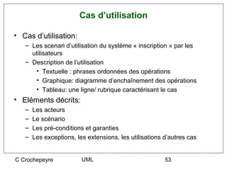 Cas d’utilisation

• Cas d’utilisation:
   – Les scenari d’utilisation du système « inscription » par les
     utilisateurs
   – Description de l’utilisation
      • Textuelle : phrases ordonnées des opérations
      • Graphique: diagramme d’enchaînement des opérations
      • Tableau: une ligne/ rubrique caractérisant le cas
• Eléments décrits:
   –   Les acteurs
   –   Le scénario
   –   Les pré-conditions et garanties
   –   Les exceptions, les extensions, les utilisations d’autres cas


C Crochepeyre            UML                            53
 