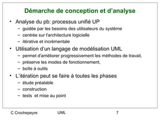 Démarche de conception et d’analyse
• Analyse du pb: processus unifié UP
   – guidée par les besoins des utilisateurs du système
   – centrée sur l'architecture logicielle
   – itérative et incrémentale
• Utilisation d’un langage de modélisation UML
   – permet d'améliorer progressivement les méthodes de travail,
   – préserve les modes de fonctionnement,
   – boîte à outils
• L’itération peut se faire à toutes les phases
   – étude préalable
   – construction
   – tests et mise au point


C Crochepeyre         UML                           7
 