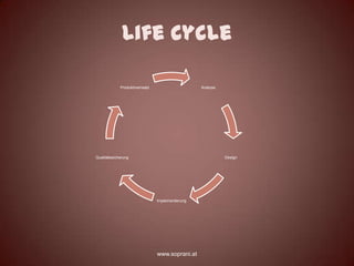 Life Cycle

             Produktiveinsatz                     Analyse




Qualitätssicherung                                          Design




                                Implementierung




                                www.soprani.at
 