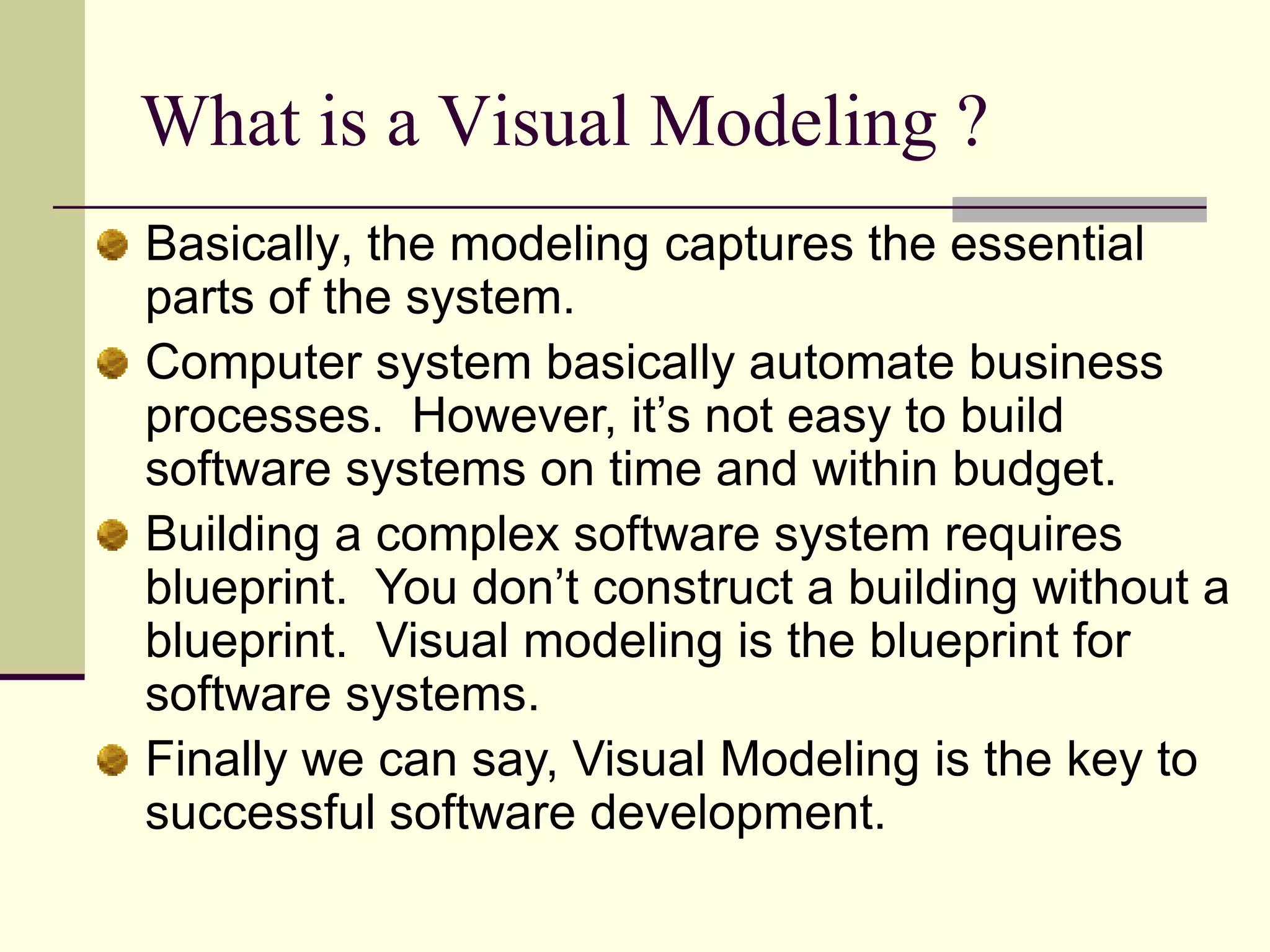 What is a Visual Modeling ?Basically, the modeling captures the essential parts of the system. Computer system basically automate business processes.  However, it’s not easy to build software systems on time and within budget.Building a complex software system requires blueprint.  You don’t construct a building without a blueprint.  Visual modeling is the blueprint for software systems.Finally we can say, Visual Modeling is the key to successful software development. 