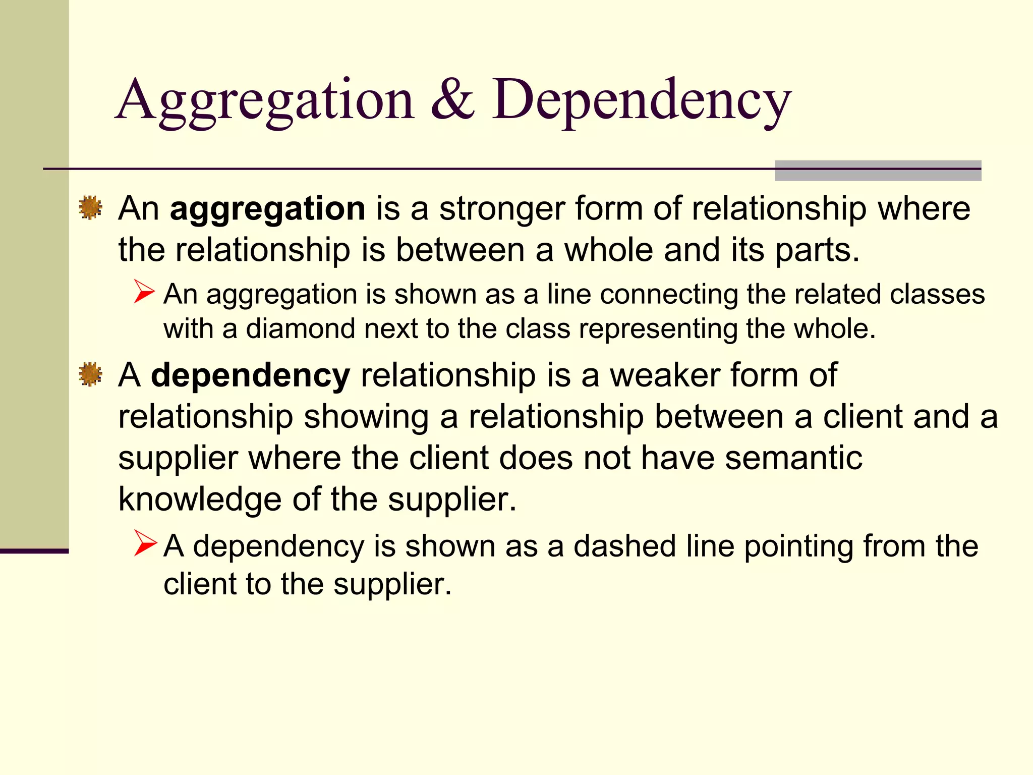 Collaboration diagramsClass Diagram: Class diagram is the heart of OOAD. A class diagram shows the existence of classes and their relationships in the logical view of a system. The class diagram depicts the static structure of a system. UML modeling elements in this diagram are:  Classes and their structure and behavior (attributes & operations)Their Relationships with other classes. Multiplicity and Navigation indicator.Role NamesClass: The common noun corresponding to every object identified in the problem domain is a class.A class is a collection of objects with common structure, common behavior, common relationships and common semantics. Classes are found by examining the objects in sequence and collaboration diagram