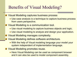 Benefits of Visual Modeling?Visual Modeling captures business processUse case analysis is a technique to capture business process from users perspective. Visual Modeling is a communication tool.Use visual modeling to capture business objects and logic. Use visual modeling to analyze and design your application. Visual Modeling manages complexity.   Visual Modeling defines software architecture. With the help of Visual modeling language your model your system independent of implementation language. Visual Modeling promotes reuse. Here Visual Modeling can be used as component browser and it can also be used to model component assembly. 
