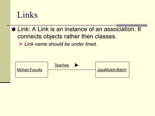 Relationships	Relationships provides pathway for communication between objects. Sequence and/or collaboration diagrams are examined to determine what links between objects need to exist to accomplish the behavior. If two objects need to “talk” there must be a link between them.Three types of relationships are:Association, Aggregation and Dependency.