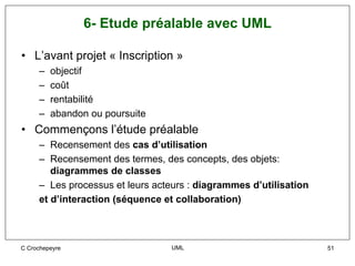 6- Etude préalable avec UML

• L’avant projet « Inscription »
     –   objectif
     –   coût
     –   rentabilité
     –   abandon ou poursuite
• Commençons l’étude préalable
     – Recensement des cas d’utilisation
     – Recensement des termes, des concepts, des objets:
        diagrammes de classes
     – Les processus et leurs acteurs : diagrammes d’utilisation
     et d’interaction (séquence et collaboration)



C Crochepeyre                    UML                               51
 