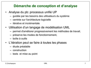 Démarche de conception et d’analyse
• Analyse du pb: processus unifié UP
     – guidée par les besoins des utilisateurs du système
     – centrée sur l'architecture logicielle
     – itérative et incrémentale
• Utilisation d’un langage de modélisation UML
     – permet d'améliorer progressivement les méthodes de travail,
     – préserve les modes de fonctionnement,
     – boîte à outils
• L’itération peut se faire à toutes les phases
     – étude préalable
     – construction
     – tests et mise au point


C Crochepeyre                     UML                                7
 
