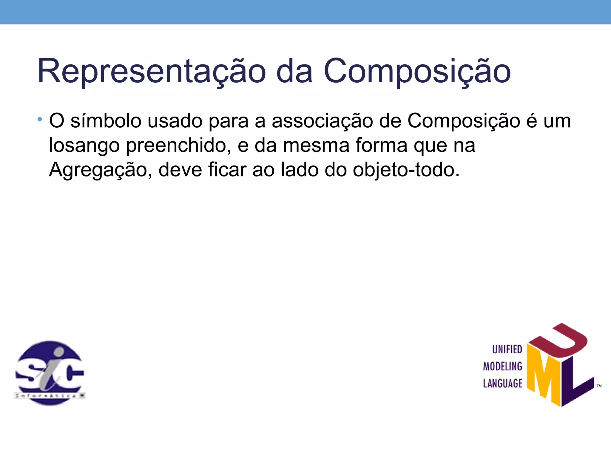 Representação da Composição
• O símbolo usado para a associação de Composição é um
 losango preenchido, e da mesma forma que na
 Agregação, deve ficar ao lado do objeto-todo.
 
