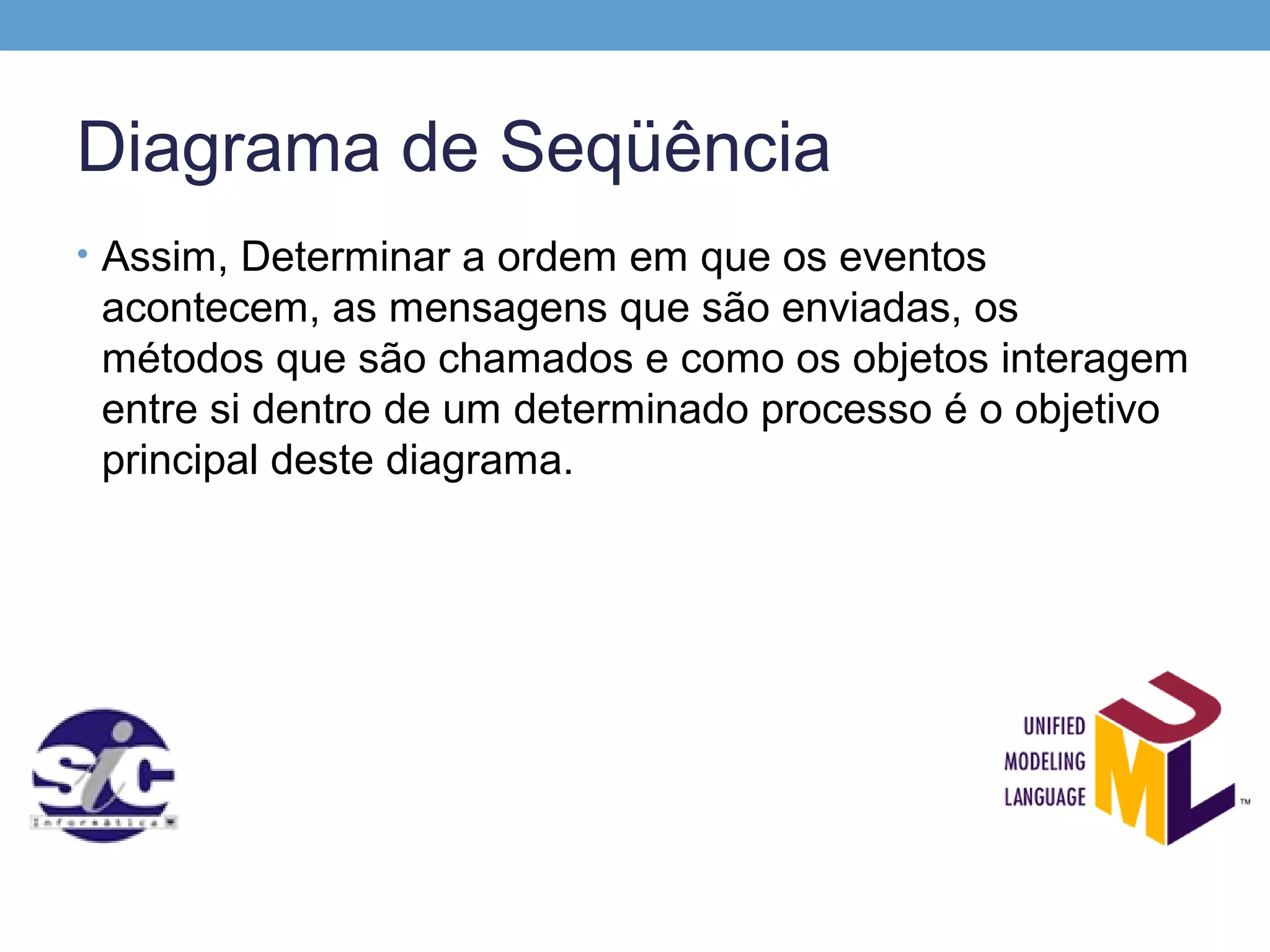 Diagrama de Seqüência
• Assim, Determinar a ordem em que os eventos
 acontecem, as mensagens que são enviadas, os
 métodos que são chamados e como os objetos interagem
 entre si dentro de um determinado processo é o objetivo
 principal deste diagrama.
 