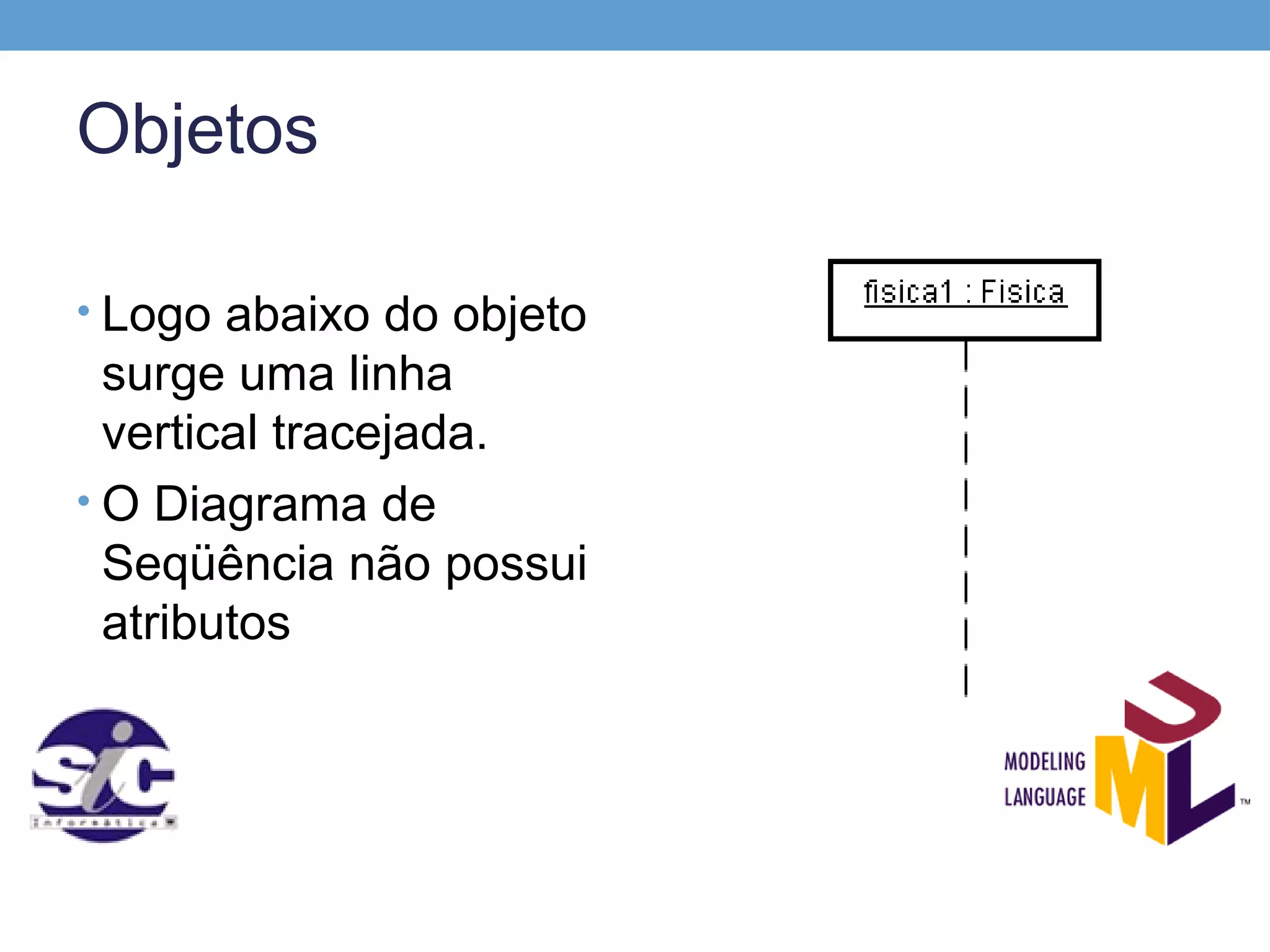Objetos

• Logo abaixo do objeto
  surge uma linha
  vertical tracejada.
• O Diagrama de
  Seqüência não possui
  atributos
 