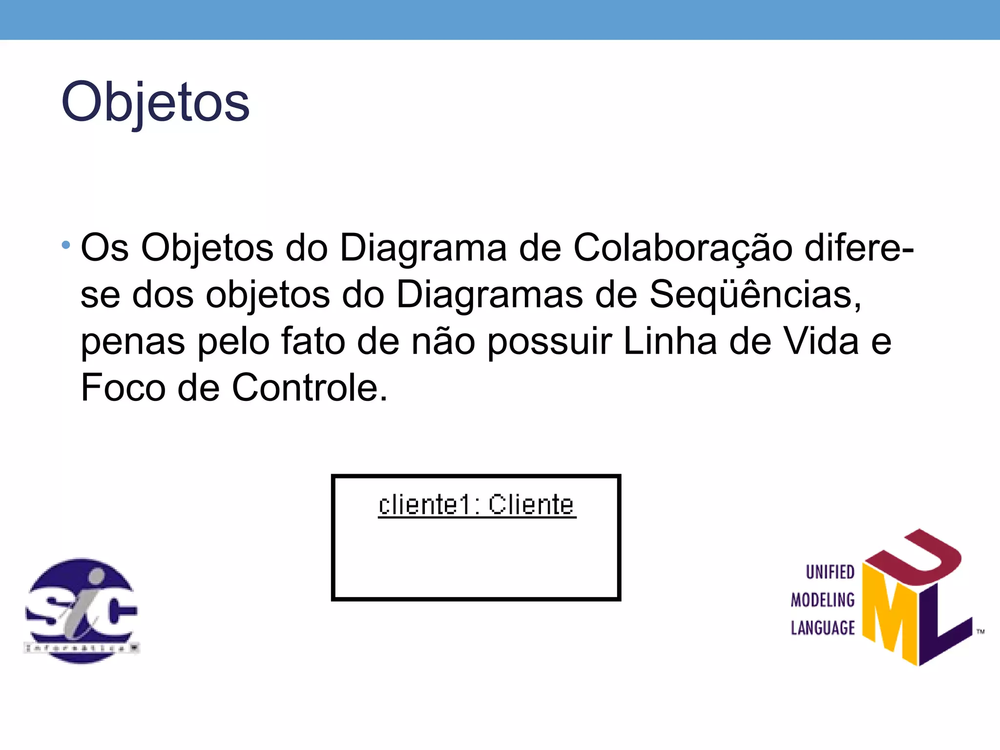 Objetos

• Os Objetos do Diagrama de Colaboração difere-
 se dos objetos do Diagramas de Seqüências,
 penas pelo fato de não possuir Linha de Vida e
 Foco de Controle.
 